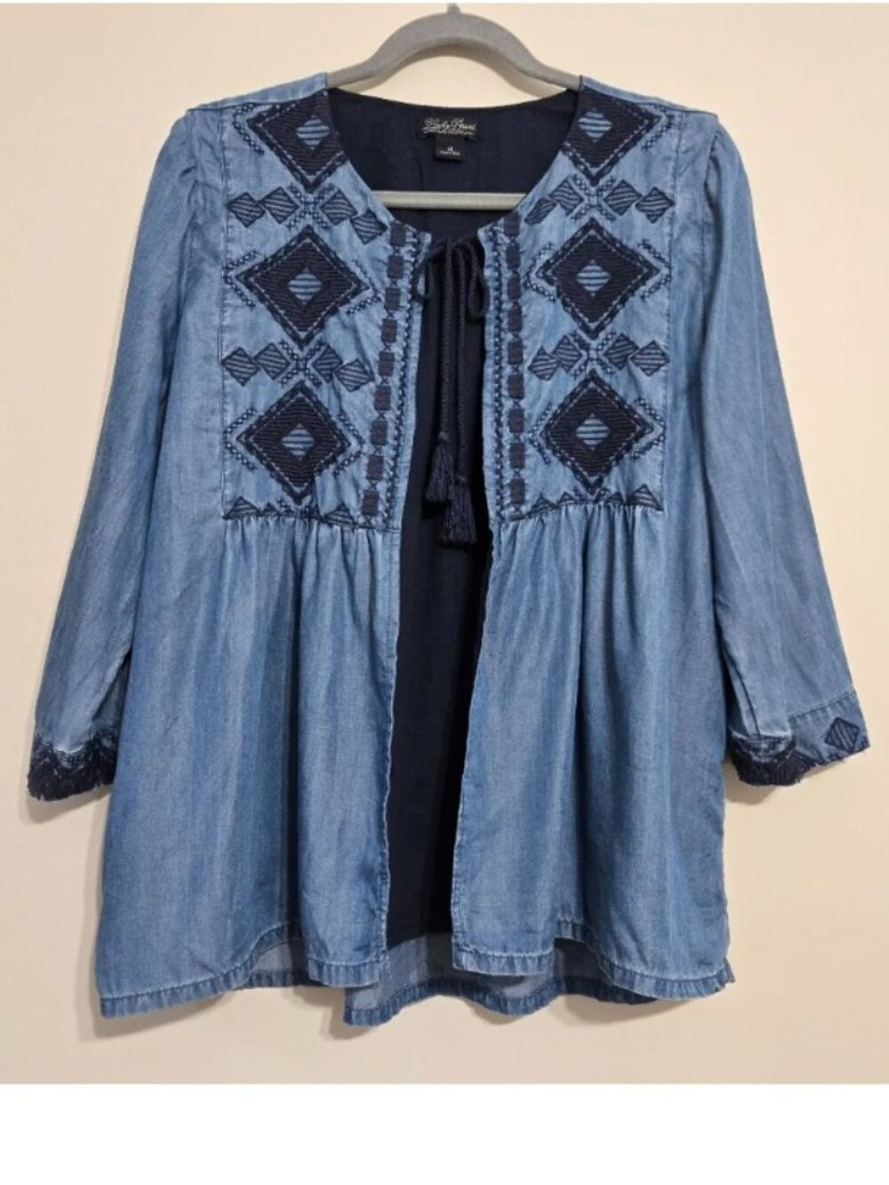 Lucky Brand Blue Embroidered Boho Chambray Denim Cardigan Jacket Women’s Size M